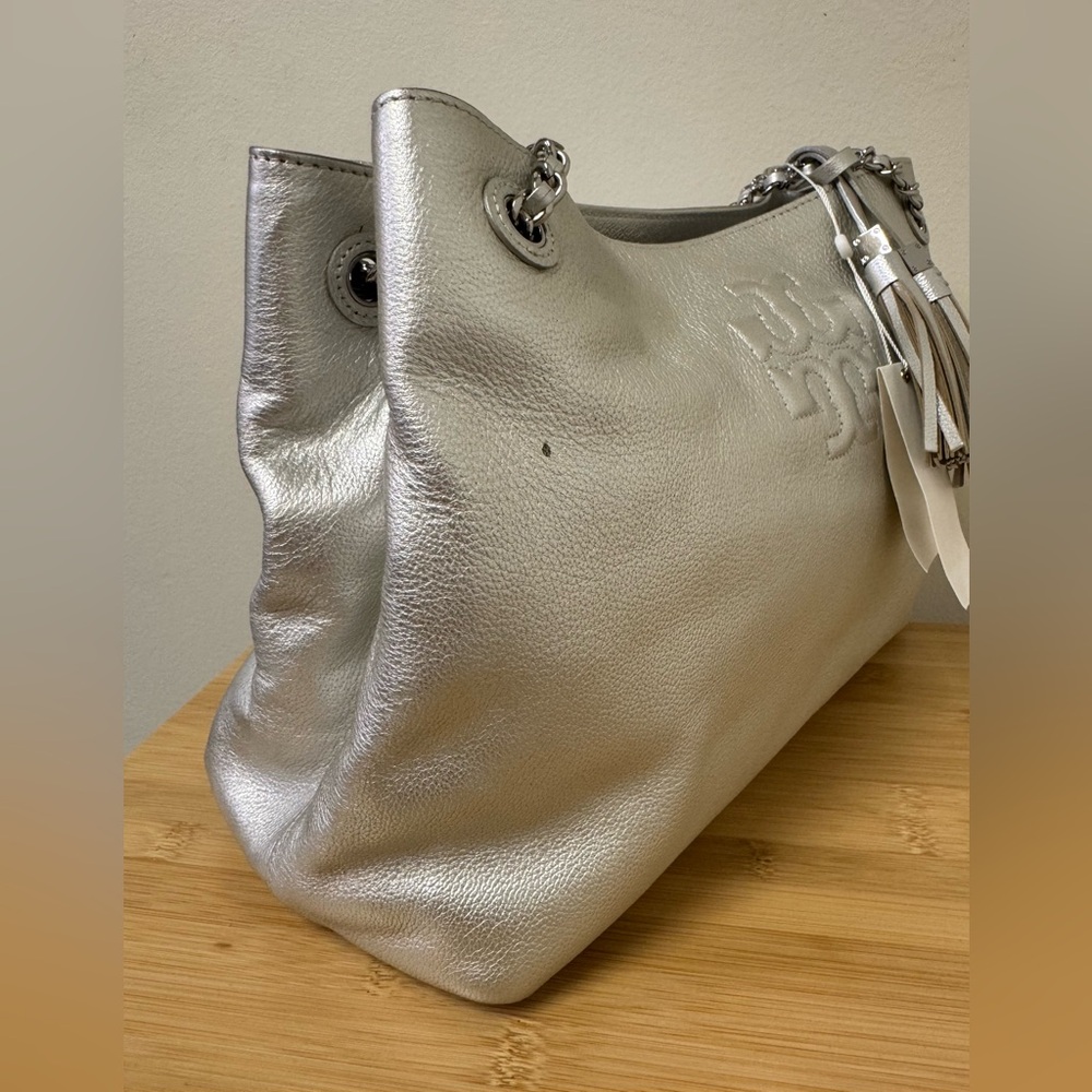 Tory Burch Thea Chain Shoulder Tote Bag Silver Leather, *New With Defects - Picture 2 of 16